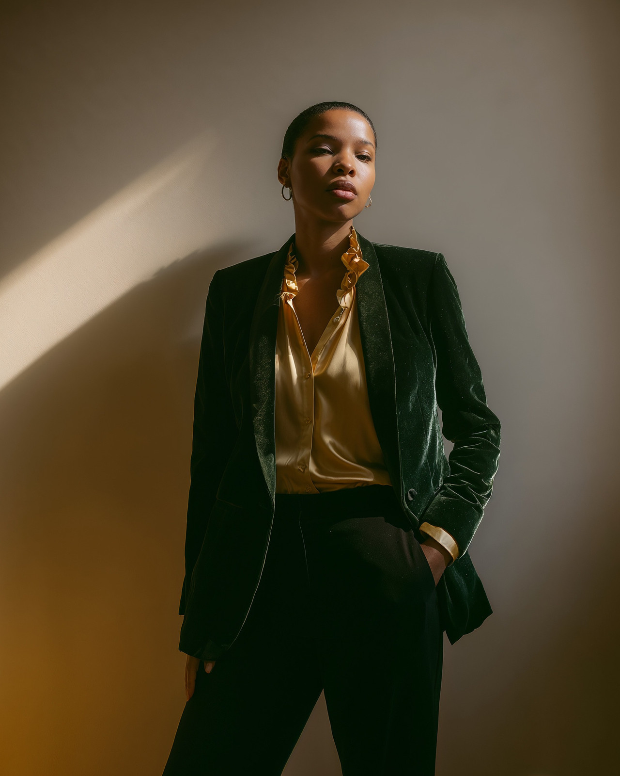 Dark Green Velvet Blazer with Gold Satin Blouse and Black Pants Dark Green Velvet Blazer with Gold Satin Blouse and Black Pants — Blouse Outfits 2027 with Blazer