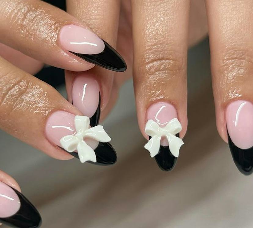 3D White Bow French Tip Almonds 3D White Bow French Tip Almonds — Small Bow Nails 2027