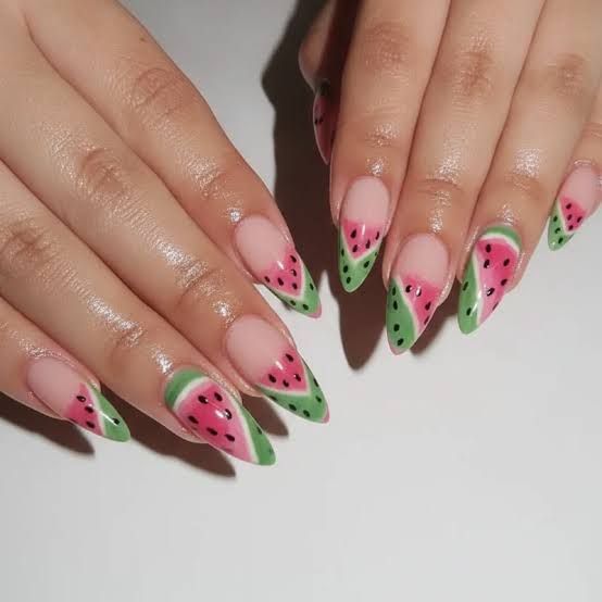 Watermelon Slice Tips on Pointed Nails Watermelon Slice Tips on Pointed Nails — Watermelon Nails 2027