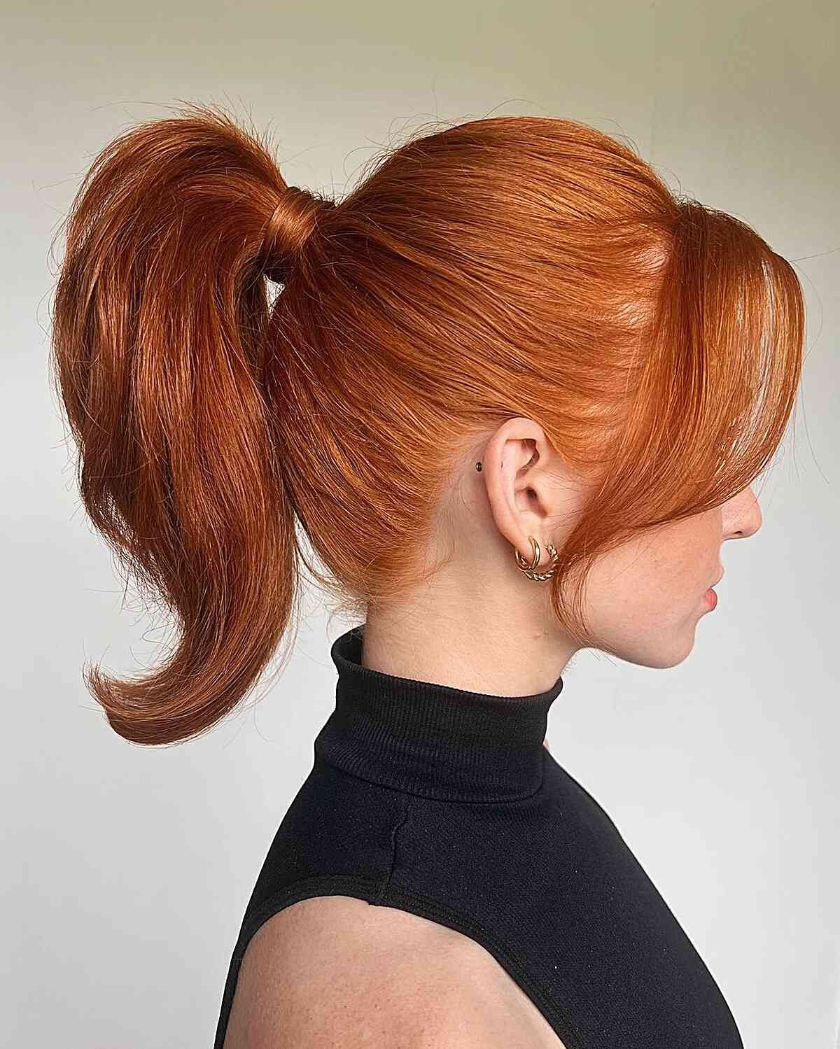High Ponytail with Vibrant Copper and Curtain Bangs — Ponytail Hairstyles 2027 for Shoulder Length Hair