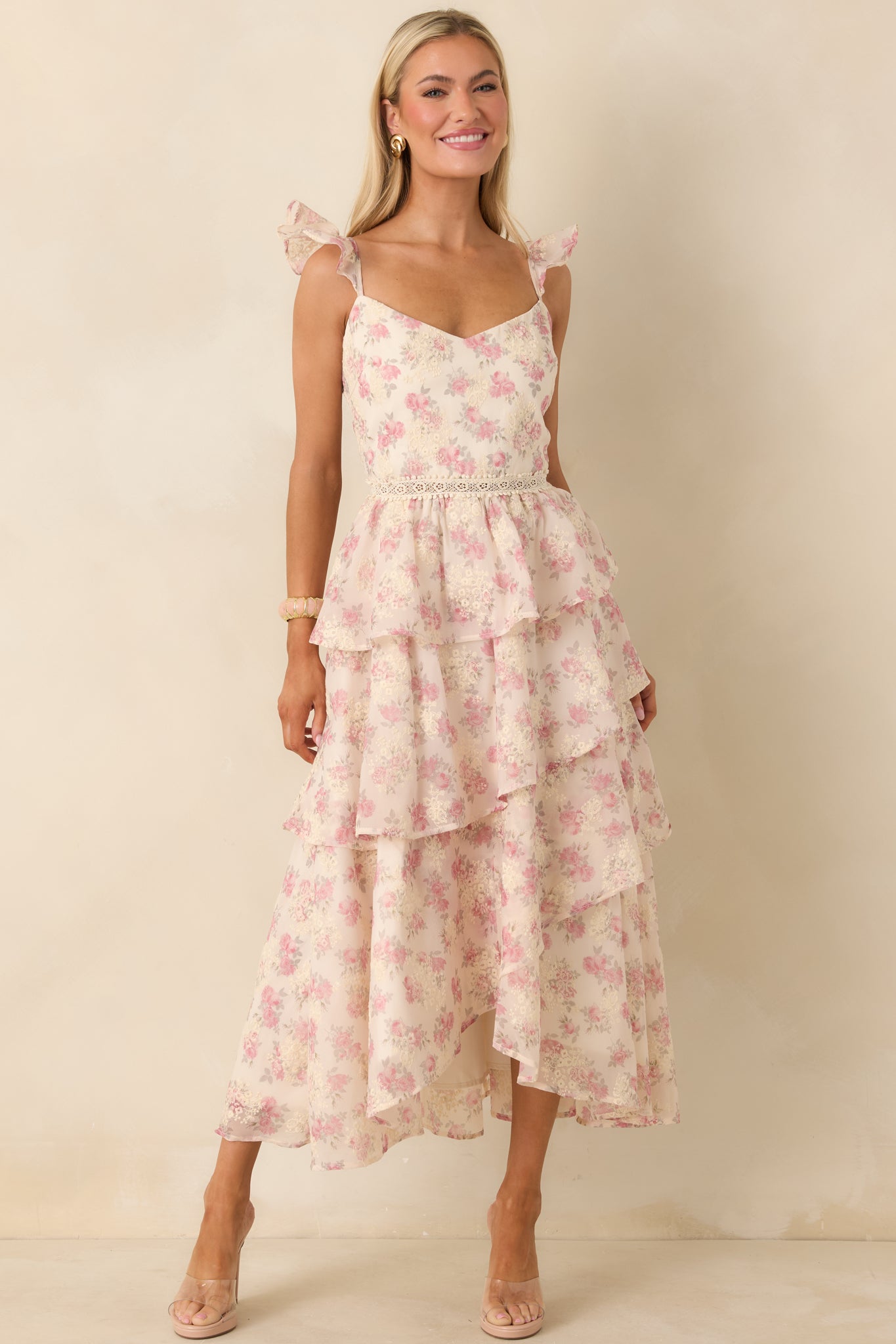 Pink Floral Tiered Midi Dress with Ruffled Straps — Easter Dresses 2027