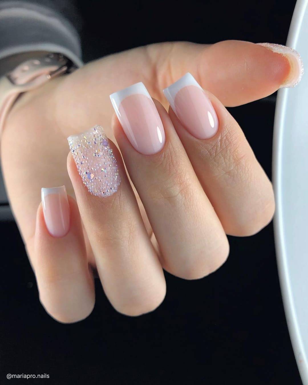 Medium Square Glitter Accent French Nails — White Wedding Nails 2027