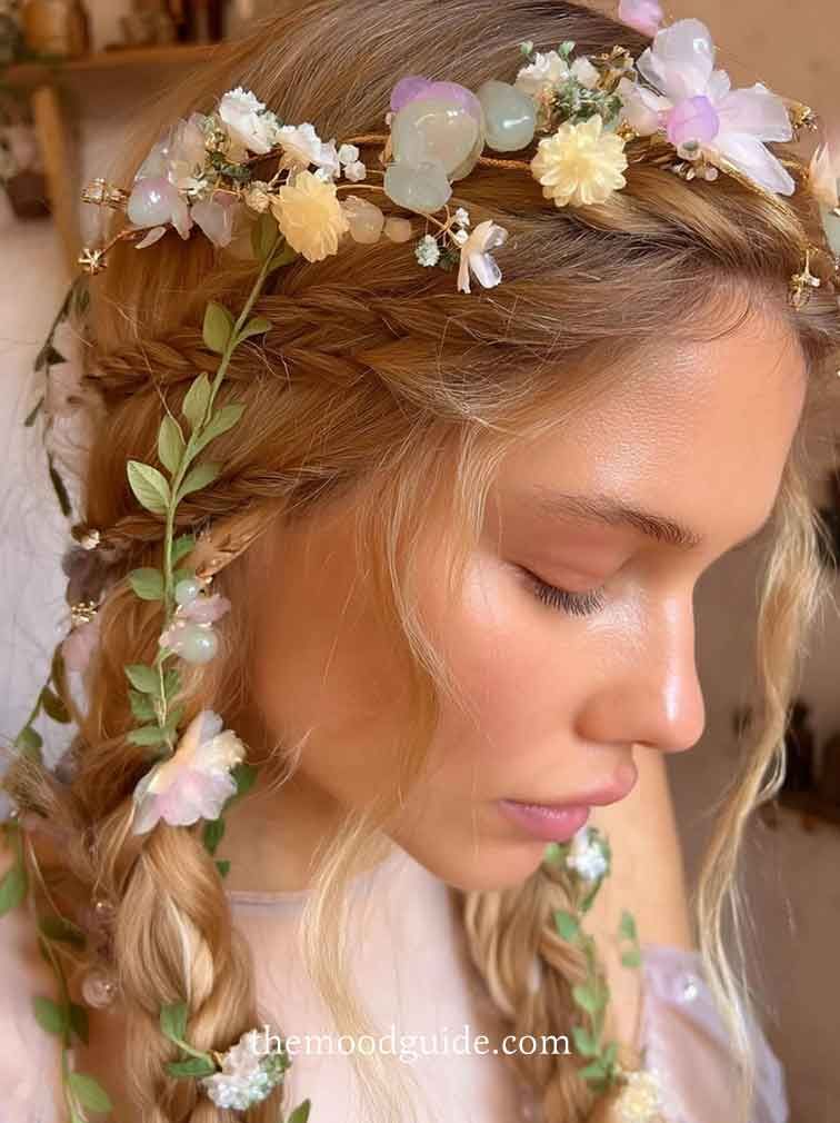 Braided Blonde Pigtails With Floral Pieces Braided Blonde Pigtails With Floral Pieces — Coquette Hairstyles 2027