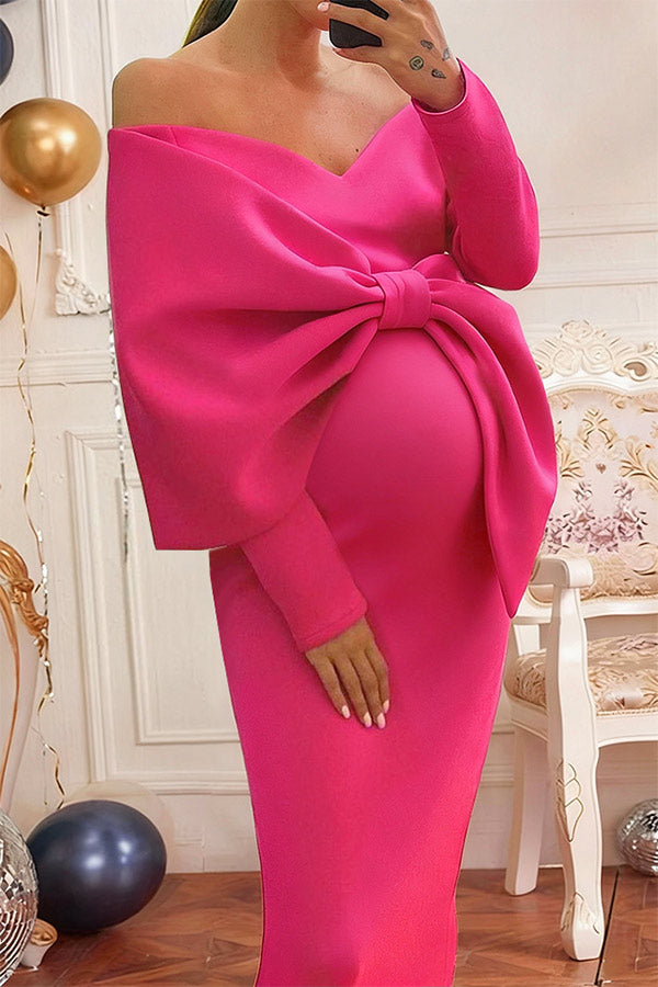 Fuchsia Off-the-Shoulder Dress with Dramatic Bow — Baby Shower Outfits 2027