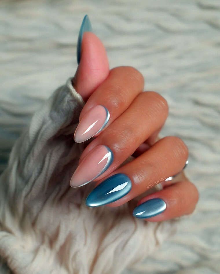 Metallic Blue French Tip Long Almonds — Almond Nails 2027 for Chubby Fingers