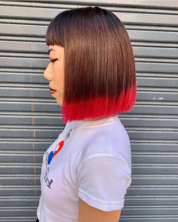 Chin Blunt Bob With Dark Brown and Red Dip Dye Chin Blunt Bob With Dark Brown and Red Dip Dye — Dip Dye Bob 2027