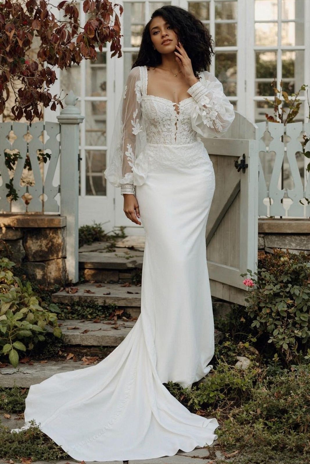 Ivory Mermaid Wedding Dress with Square Neckline and Sheer Puff Sleeves — The Framing Is Three-Quarter Ivory Mermaid Wedding Dress with Square Neckline and Sheer Puff Sleeves — The Framing Is Three-Quarter — Square Neck Wedding