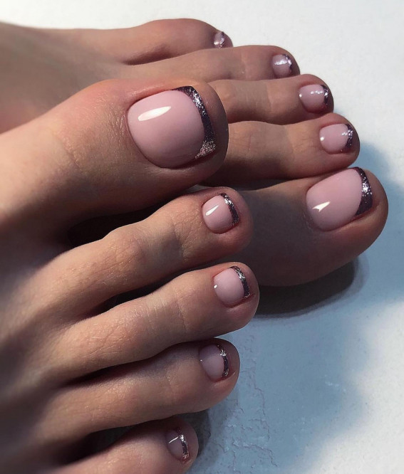 Soft Pink Toes with Silver Glitter French — Wedding Toe Nails 2027