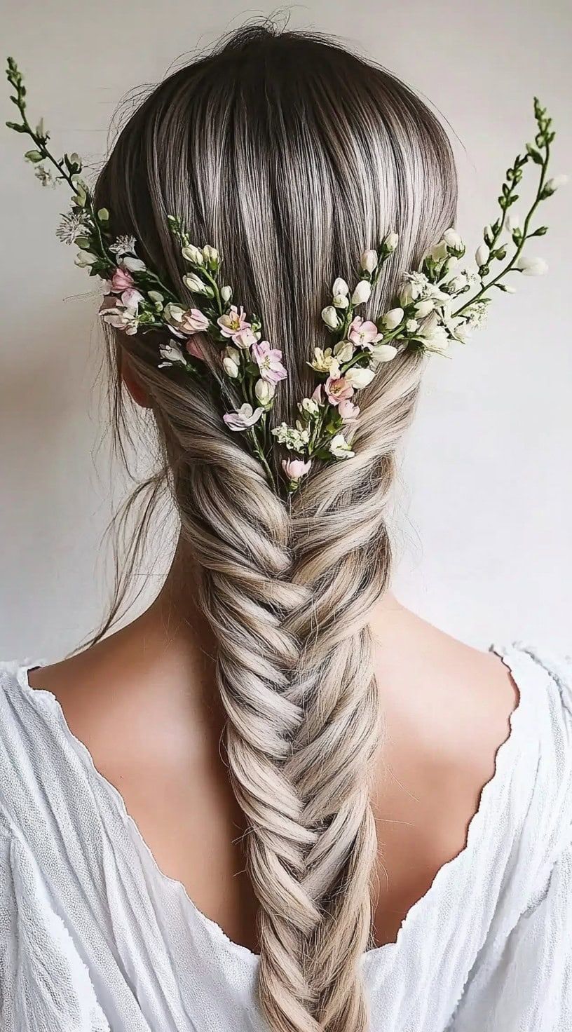 Ash Blonde Fishtail Braid with Pink Flowers — Flower Crown Hairstyles 2027