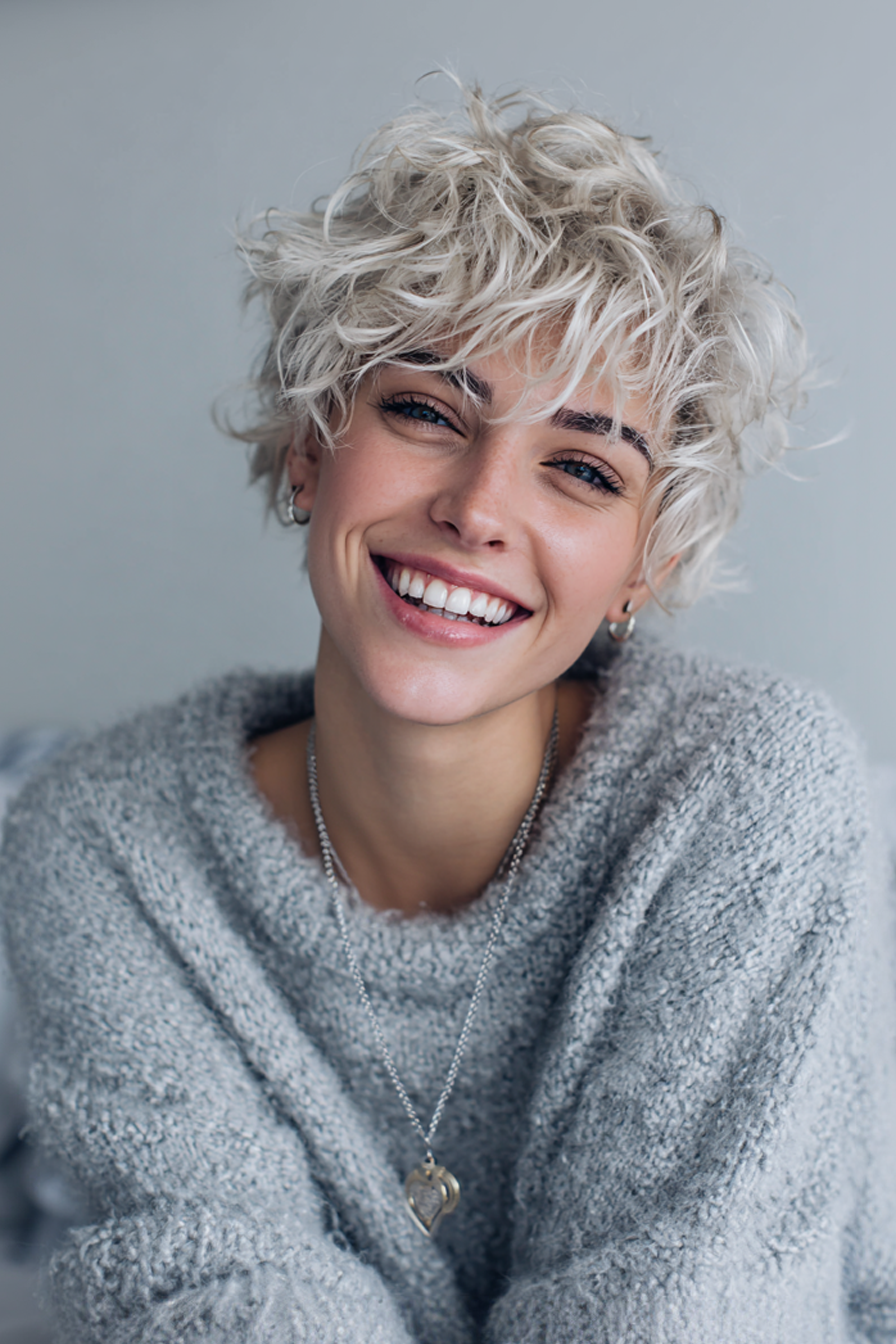 Platinum Blonde Pixie Shag With Curls Platinum Blonde Pixie Shag With Curls — Short Shag 2027