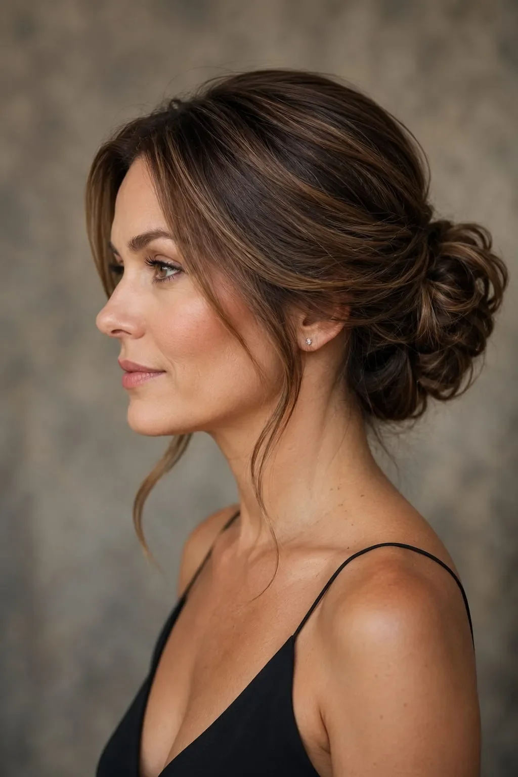 Dark Brown Loose Low Bun With Face-Framing Pieces Dark Brown Loose Low Bun With Face-Framing Pieces — Formal Hairstyles 2027