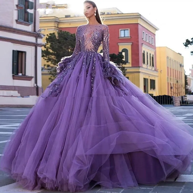 Dramatic Deep Purple Ball Gown with Feather Embellishments Dramatic Deep Purple Ball Gown with Feather Embellishments — Purple Prom Dresses 2027