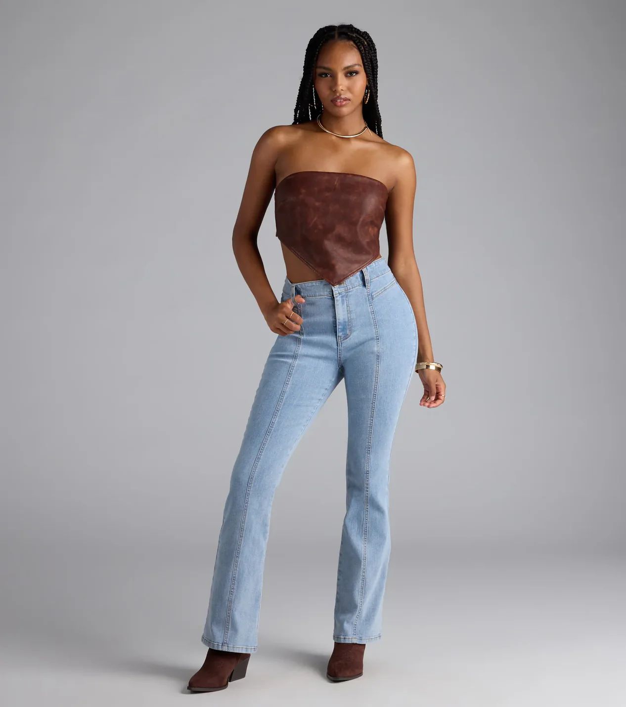 Brown Knit Sweater with Tan Heeled Boots and Bootcut Jeans Brown Knit Sweater with Tan Heeled Boots and Bootcut Jeans — Bootcut Jeans Outfits 2027 with Heels