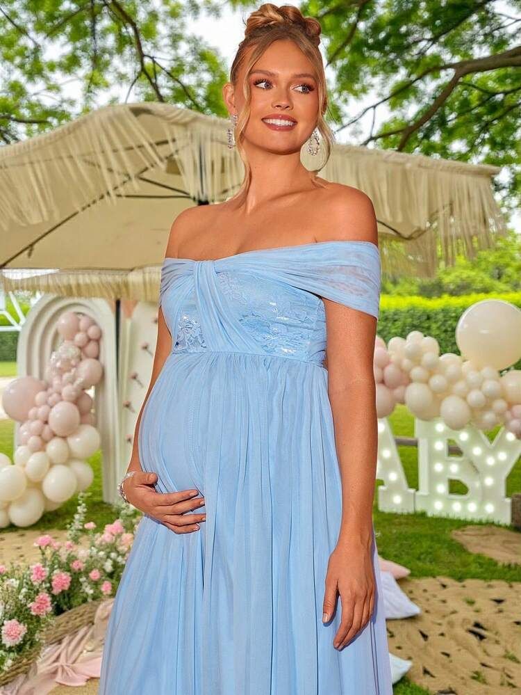 Light Blue Off-Shoulder Tulle Maxi Dress Light Blue Off-Shoulder Tulle Maxi Dress — Baby Shower Dress 2027 for Guest