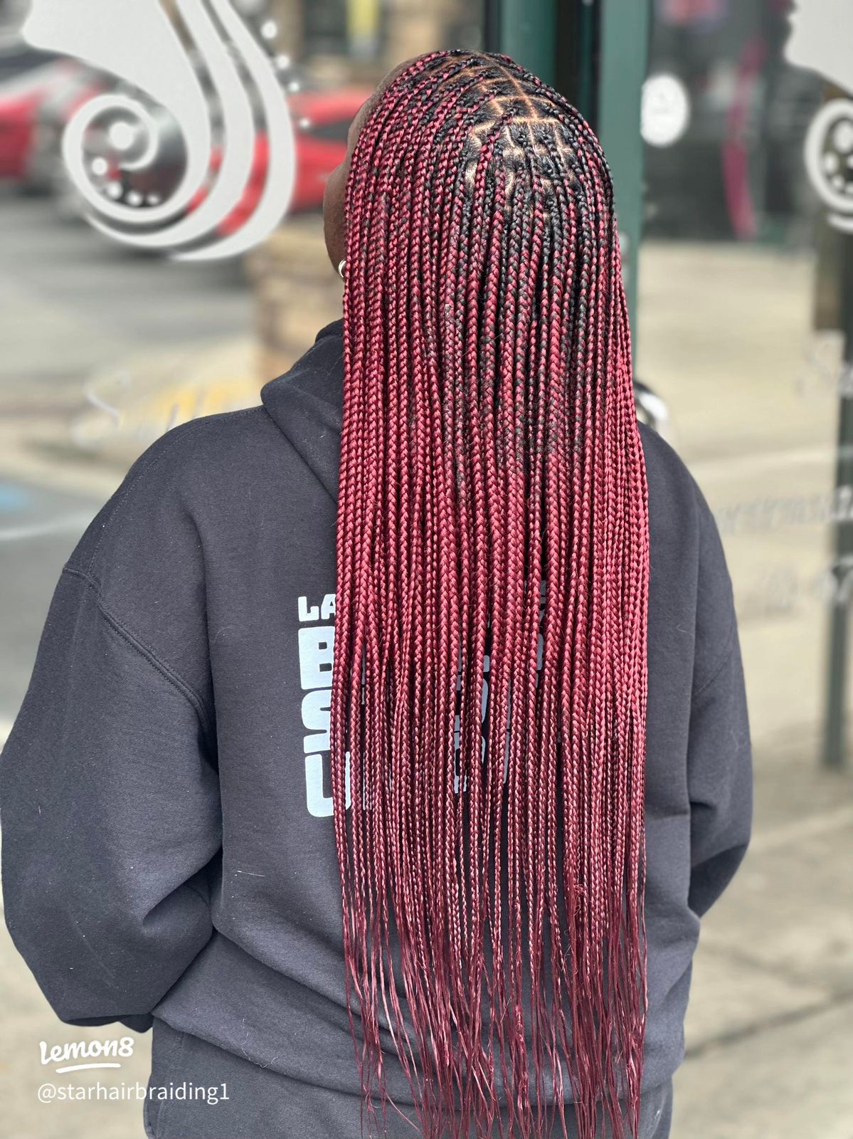 Back View Mid-Back Burgundy Braids — A View From The Back Showcases Long Back View Mid-Back Burgundy Braids — A View From The Back Showcases Long — Burgundy Knotless Braids 2027
