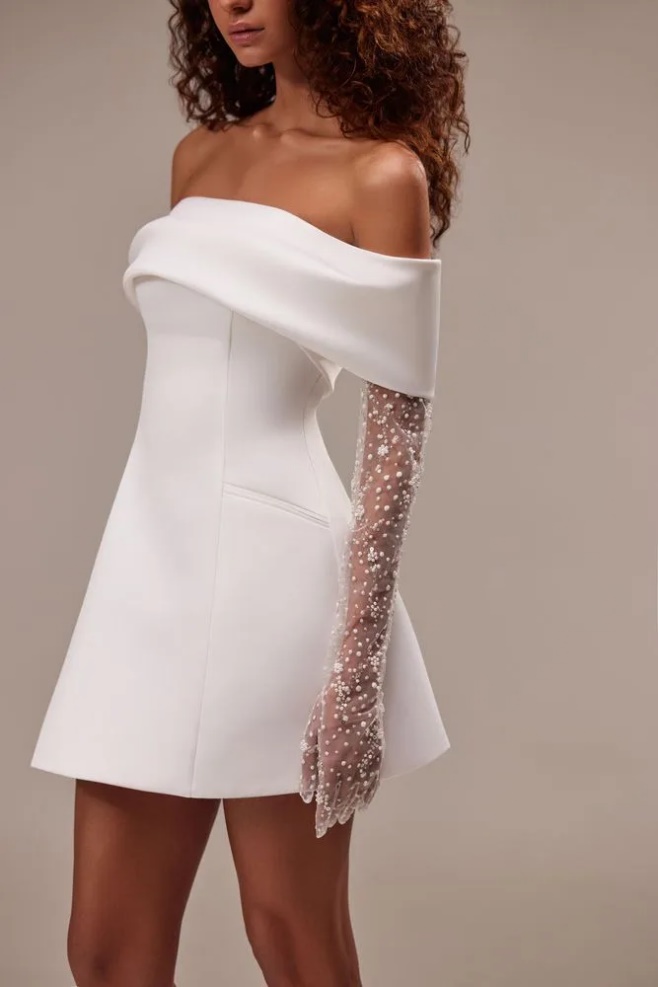 Glamorous Accents: Embellished Gloves with Mini Dress — Wedding Dress Trends 2027