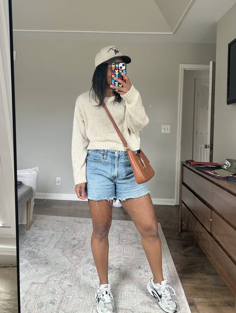 Beige Knit Sweater and Crossbody Bag for Effortless Style — Spring Denim Shorts Outfits 2027