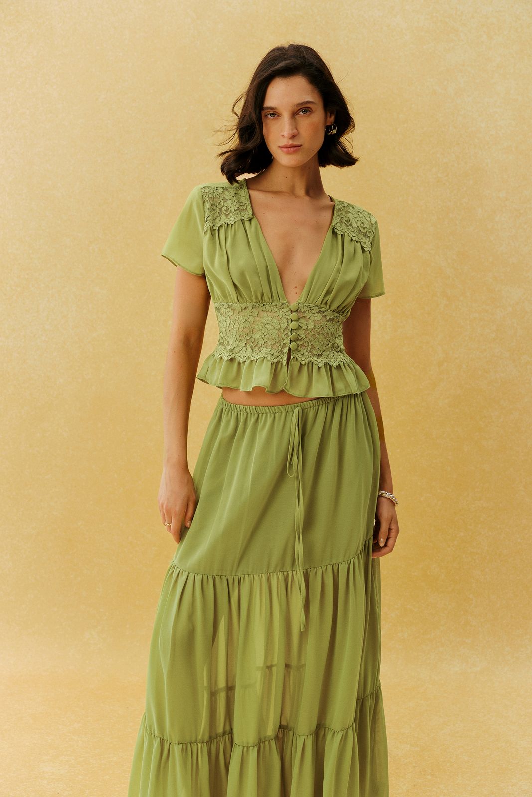 Sage Green Chiffon and Lace Two-Piece Set Sage Green Chiffon and Lace Two-Piece Set — Wedding Guest Outfits Barn 2027
