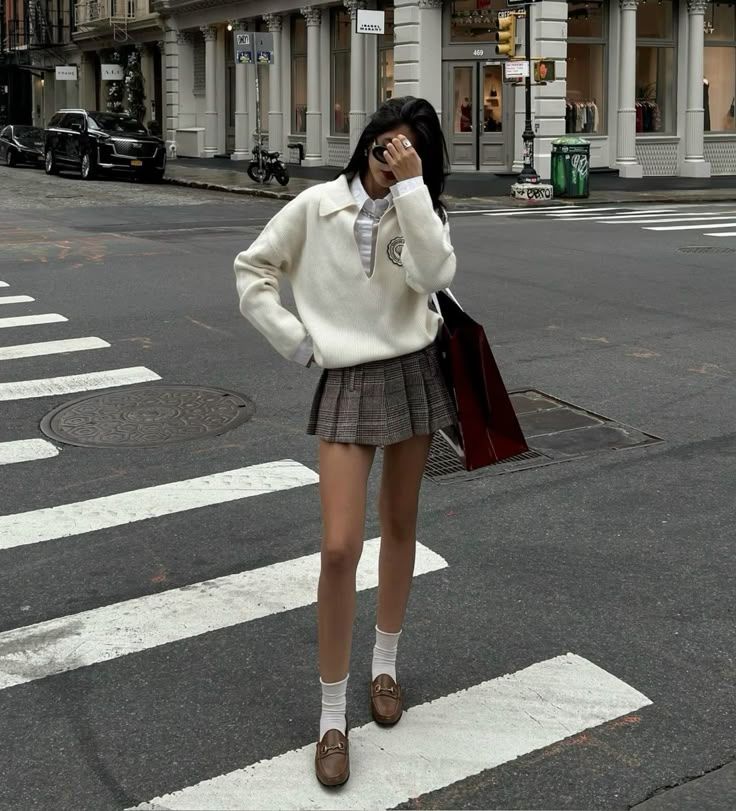 Everyday Comfort: Grey Plaid Mini with V-Neck Sweater Everyday Comfort: Grey Plaid Mini with V-Neck Sweater — Plaid Mini Skirt Outfits 2027
