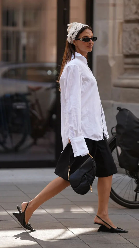 White Oversized Shirt with Tailored Shorts and Heels — Oversized Shirt Outfits 2027