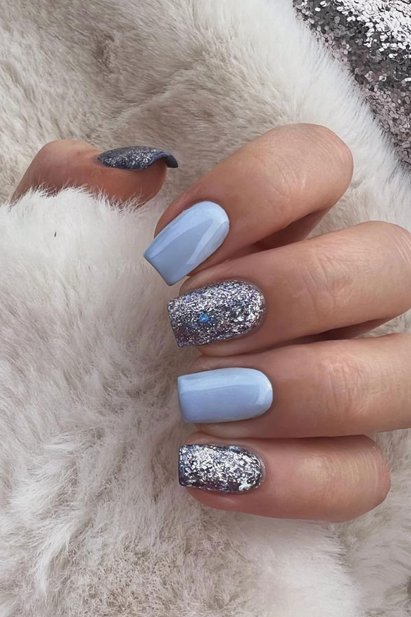 Short Square with Dense Silver Glitter Accents Short Square with Dense Silver Glitter Accents — Light Blue Quinceanera Nails 2027