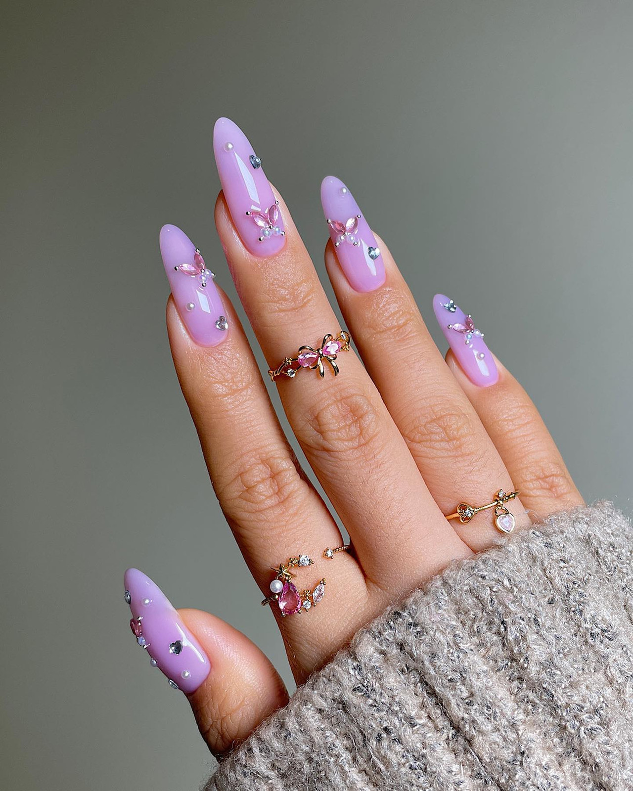 Lavender Butterfly Charm Almond Nails Lavender Butterfly Charm Almond Nails — Crystal Rhinestone Nails 2027