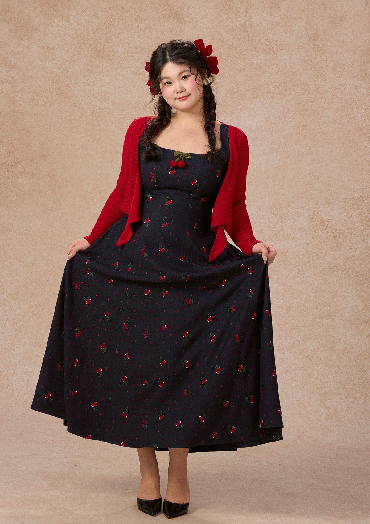 Navy Cherry Print Dress with Red Cardigan Navy Cherry Print Dress with Red Cardigan — Cowgirl Dress 2027