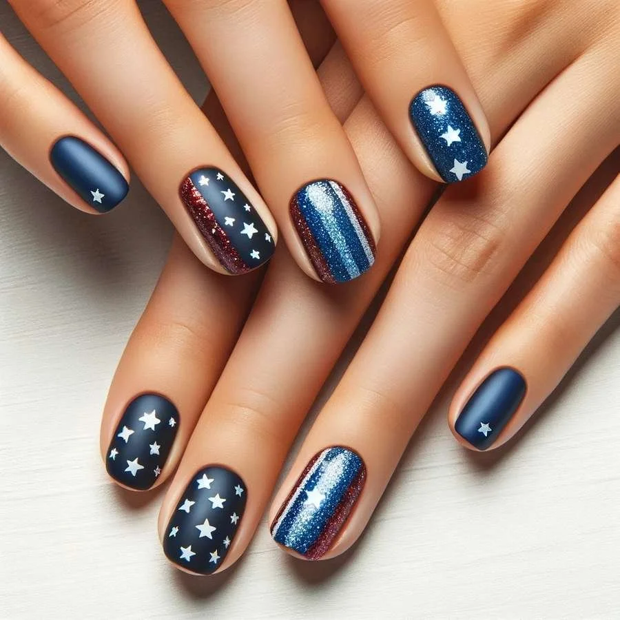 Short Oval Matte Navy Stars Glitter Stripes Short Oval Matte Navy Stars Glitter Stripes — Memorial Day Nails 2027
