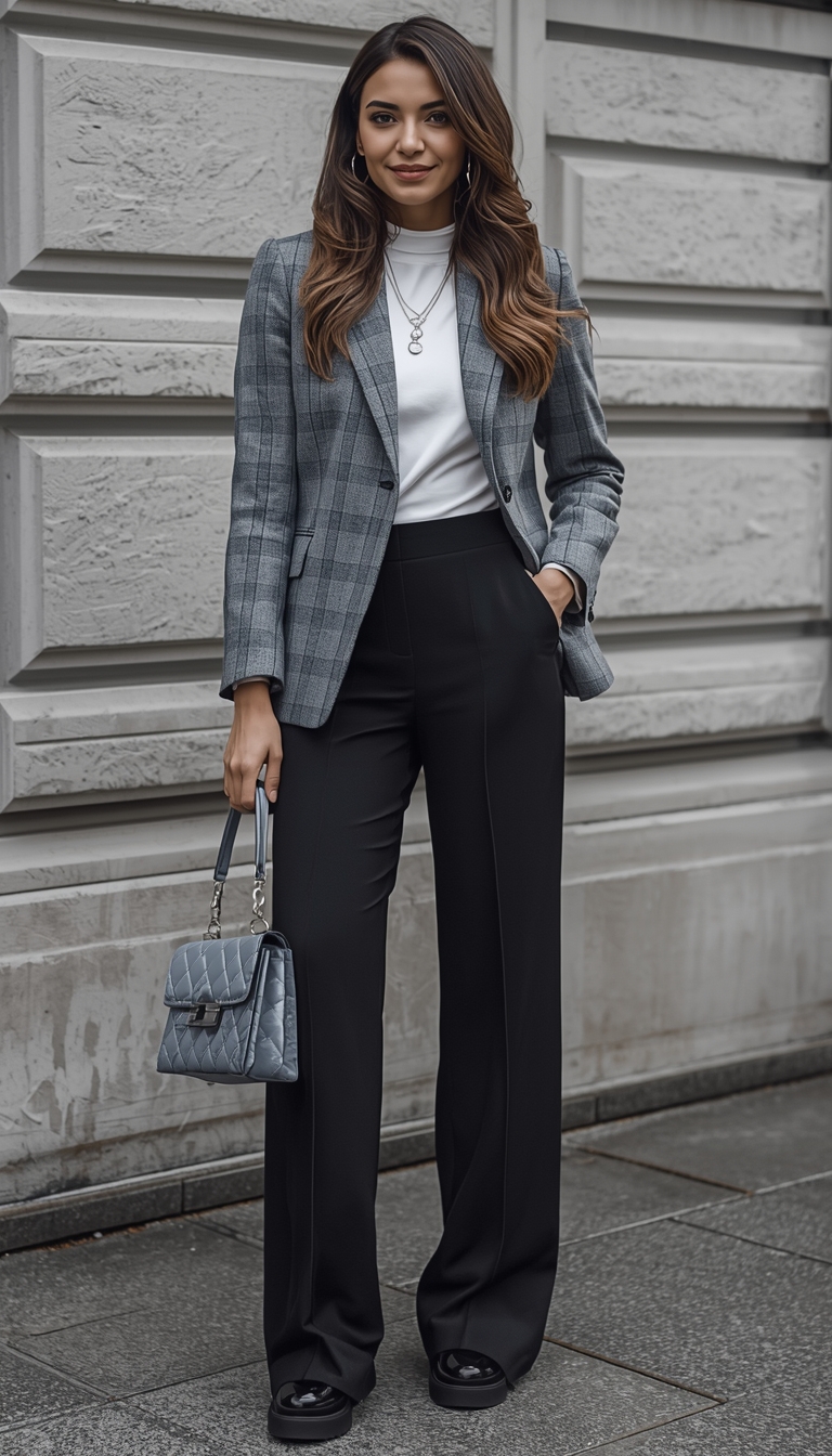 Grey Plaid Blazer Over White Tee with Wide-Leg Trousers Grey Plaid Blazer Over White Tee with Wide-Leg Trousers — Winter Grey Outfits 2027