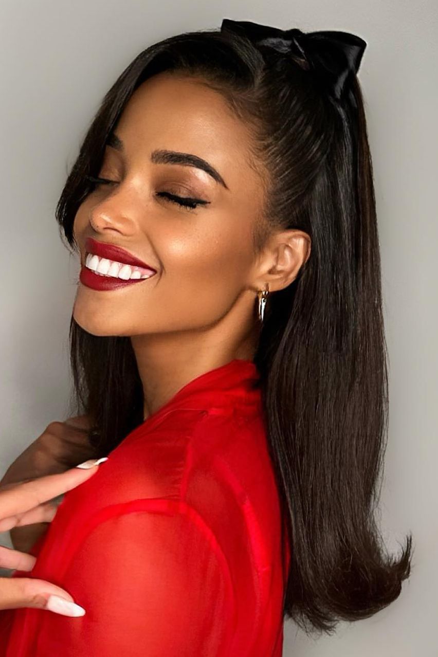Sleek Top With Black Bow Accessory — Half Up Half Down 2027