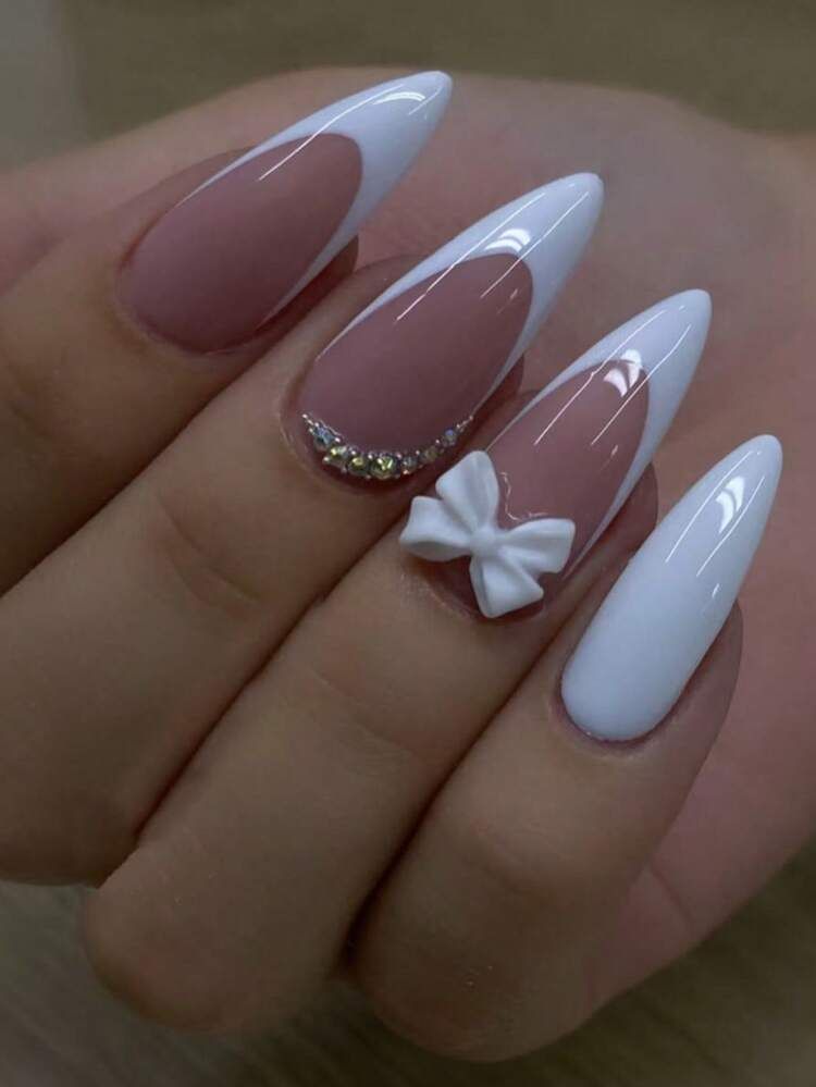Long Almond Nude French with 3D Bow Long Almond Nude French with 3D Bow — Simple Bow Nails 2027