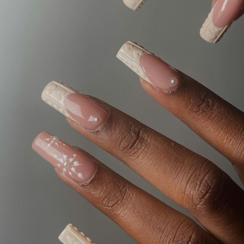 Cable Knit Texture Long Coffin Nails — Cozy Winter Nails 2027