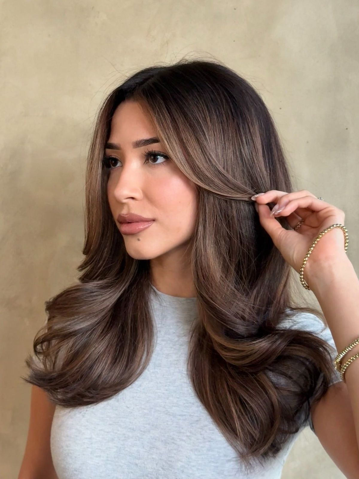 Rich Brown Hair With Subtle Balayage And Side Bangs Rich Brown Hair With Subtle Balayage And Side Bangs — Hair Color 2027 for Square Face