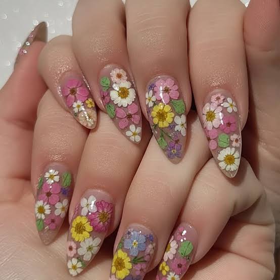 Long Stiletto With Embedded Real Pressed Flowers Long Stiletto With Embedded Real Pressed Flowers — Flower Nails 2027