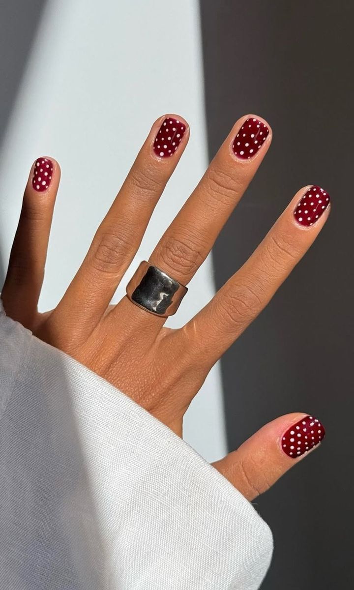 Dark Red White Polka Dot Short Ovals Dark Red White Polka Dot Short Ovals — Cherry Red Nails 2027