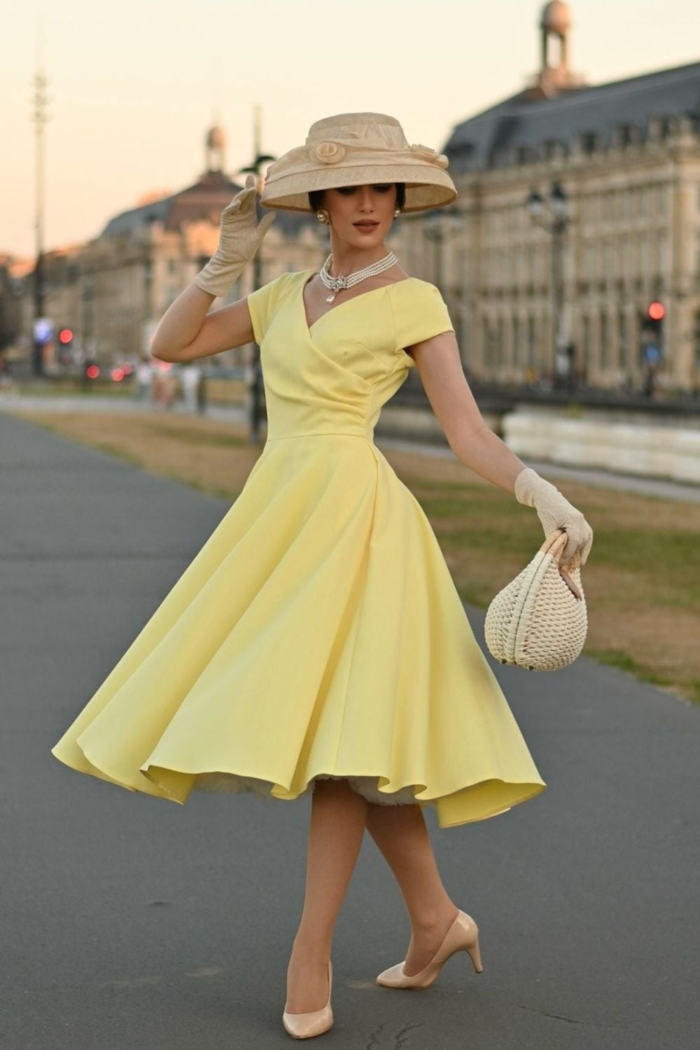Pale Yellow Fit-and-Flare with Wide-Brimmed Hat Pale Yellow Fit-and-Flare with Wide-Brimmed Hat — Old Hollywood Outfits 2027