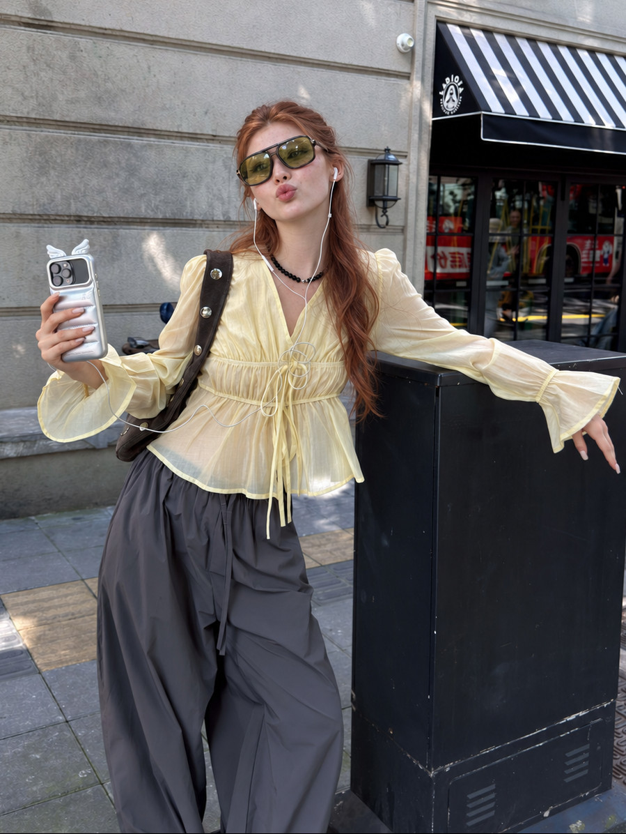 Pale Yellow Sheer Chiffon Blouse with Dark Grey Pants Pale Yellow Sheer Chiffon Blouse with Dark Grey Pants — Chiffon Blouse Outfits 2027