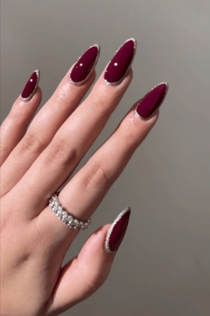 Deep Burgundy Red Visual Idea — Birthday Nails Almond 2027