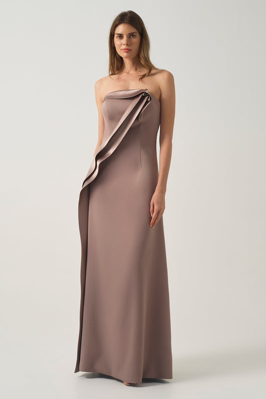 Taupe Satin Gown with Dramatic Draped Neckline Taupe Satin Gown with Dramatic Draped Neckline — Brown Outfits 2027