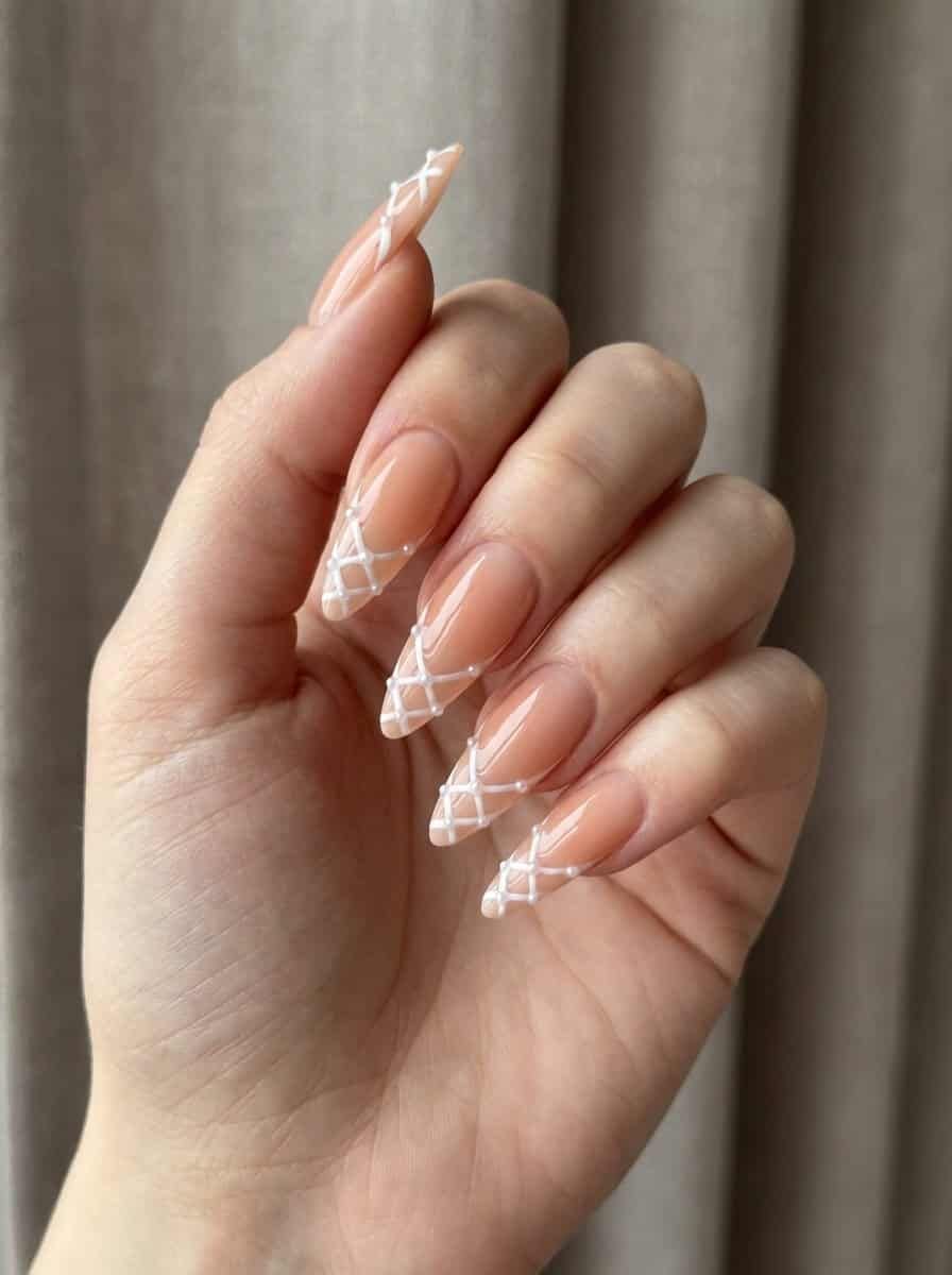 Lattice Art and Pearl Stilettos — Peach Nails 2027 for Pale Skin