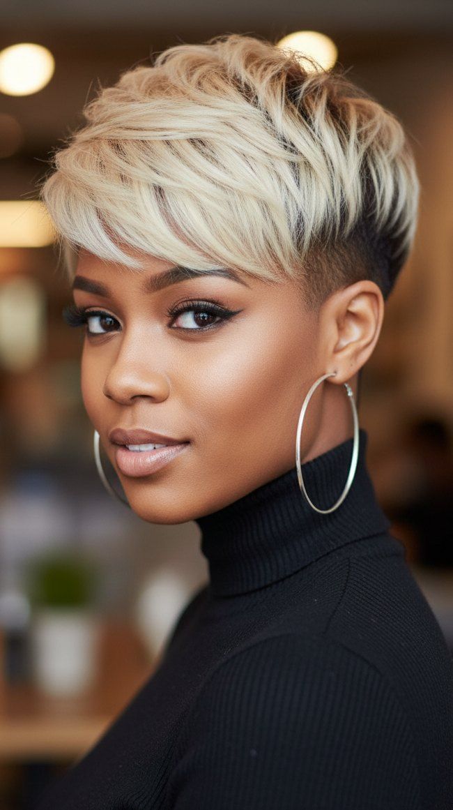 блонд на верхней части темный андеркат Blonde Pixie With Dark Undercut блонд на верхней части темный андеркат Blonde Pixie With Dark Undercut — Two Tone Pixie 2027