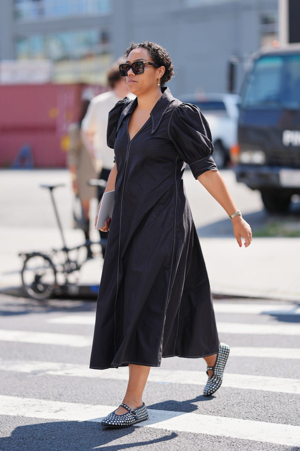Black Midi Dress with Puffed Sleeves and White Stitching Black Midi Dress with Puffed Sleeves and White Stitching — Little Black Dress Outfits 2027