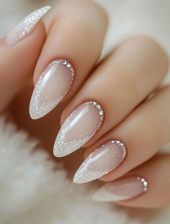 Sheer Nude Silver Glitter French with Rhinestones Sheer Nude Silver Glitter French with Rhinestones — Long Wedding Nails 2027