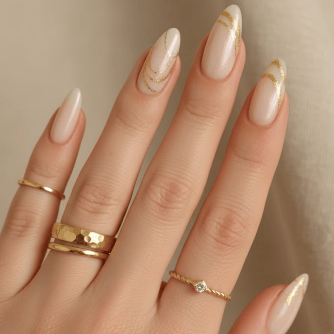 Sheer Nude with Delicate Gold Lines — Winter Oval Nails 2027