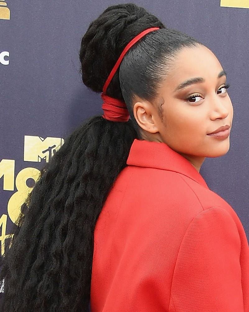 High Voluminous Coily Ponytail with Red Accents High Voluminous Coily Ponytail with Red Accents — Ponytail Hairstyles 2027 for School