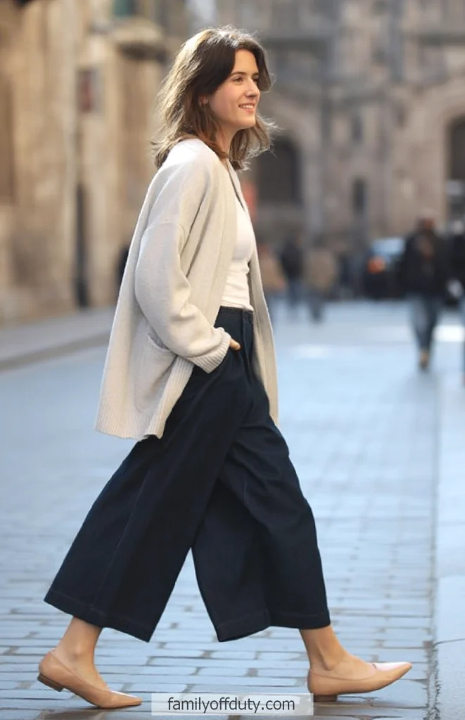Cozy Cream Cardigan Meets Chic Navy Trousers — Barcelona Outfits 2027