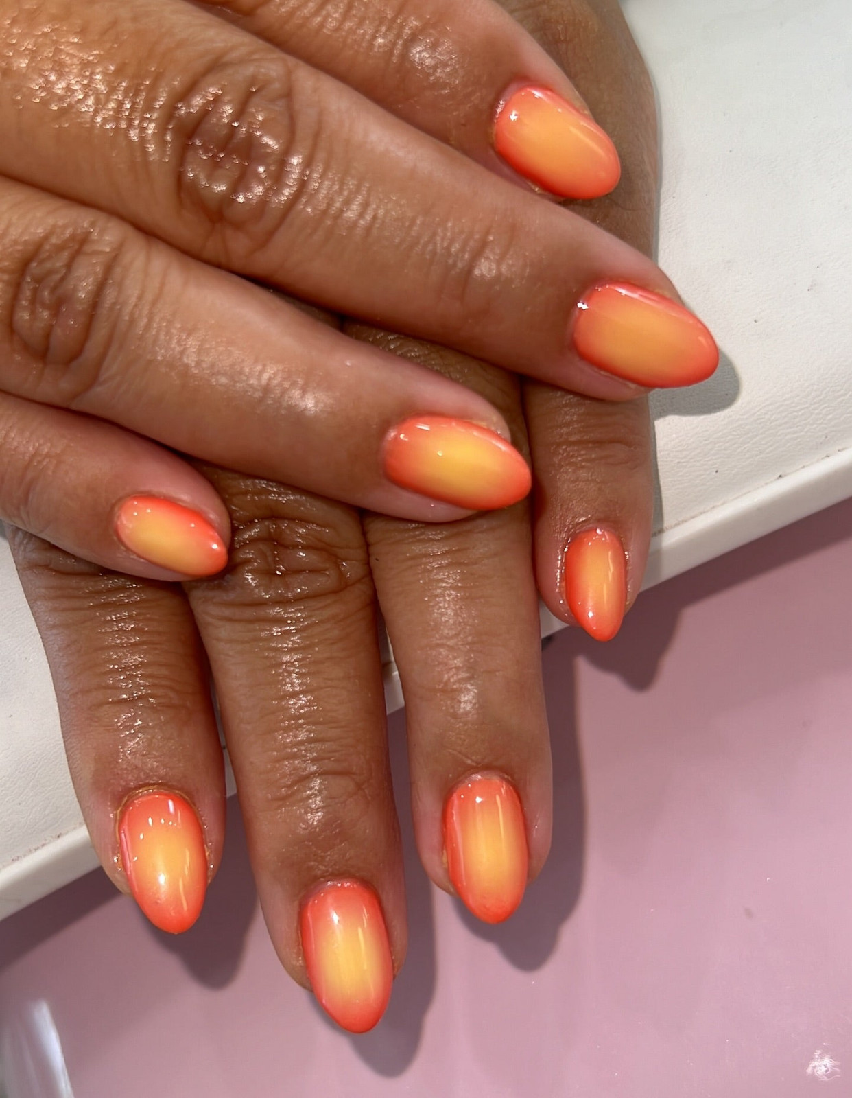Short Oval Glossy Orange Yellow Gradient Short Oval Glossy Orange Yellow Gradient — Pink and Orange Sunset Nails 2027