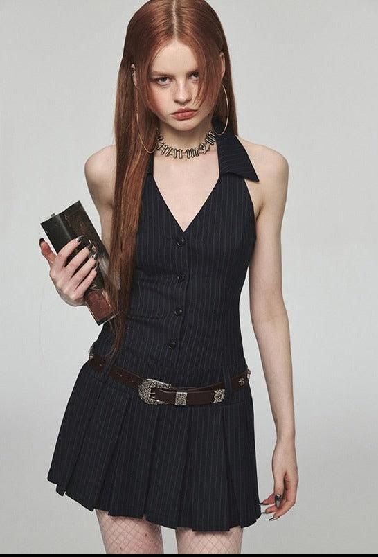 Pinstripe Halter Dress with Pleated Skirt and Belt Pinstripe Halter Dress with Pleated Skirt and Belt — Goth Lace Outfits 2027