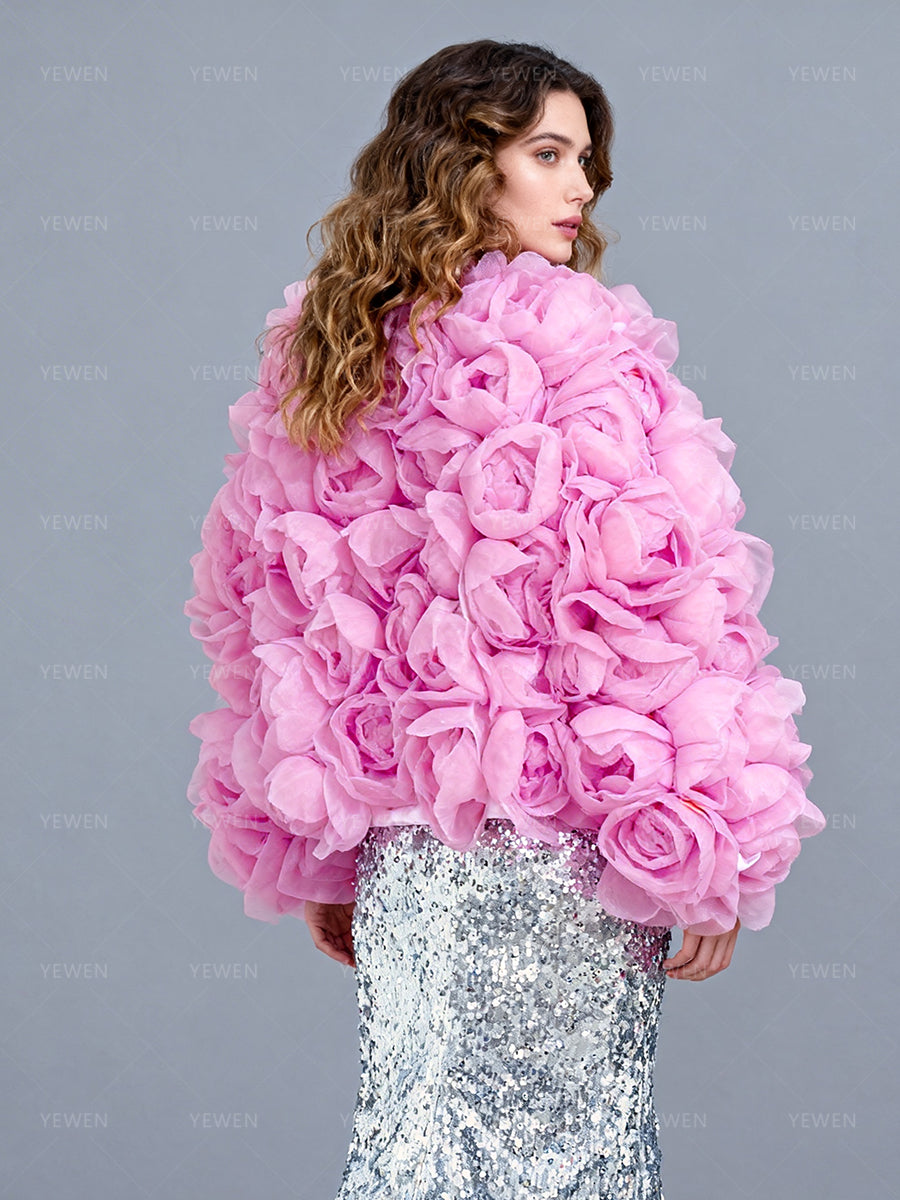 3D Flower Outfit | Custom Pink Bridal Organza Jacket with Handmade Flowers 12 / Custom Color