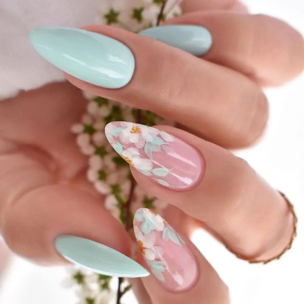 Pastel Pink Painterly Floral Almonds Pastel Pink Painterly Floral Almonds — Long Floral Nails 2027